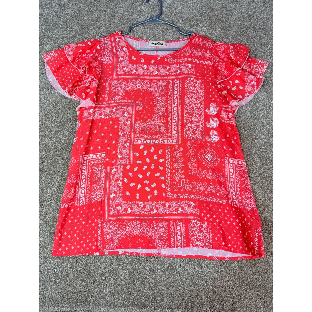 Haptics Holly Harper Red Bandana Patchwork Ruffle Sleeve Rayon Blouse Large‎ L